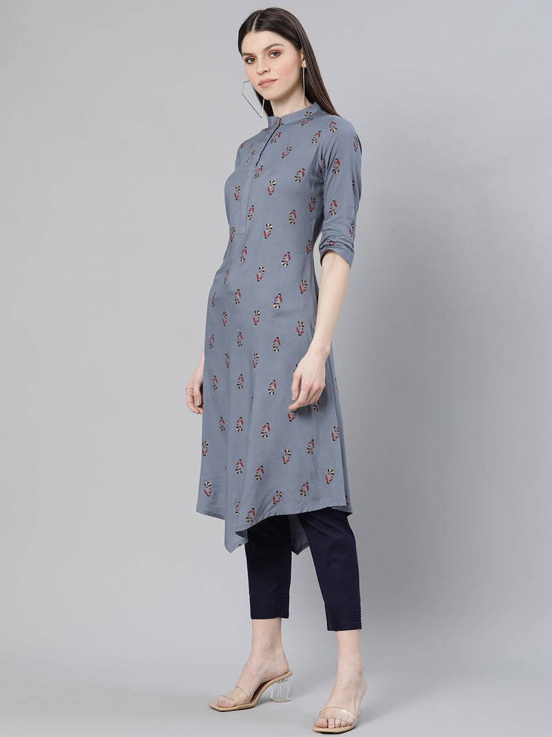 Blue Printed Rayon Kurta