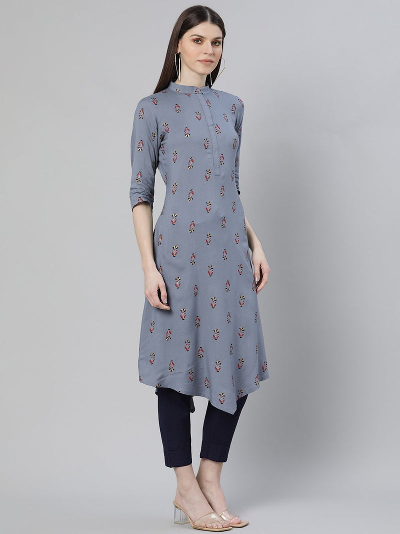 Blue Printed Rayon Kurta