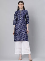 Blue Cotton Printed Straight Kurta