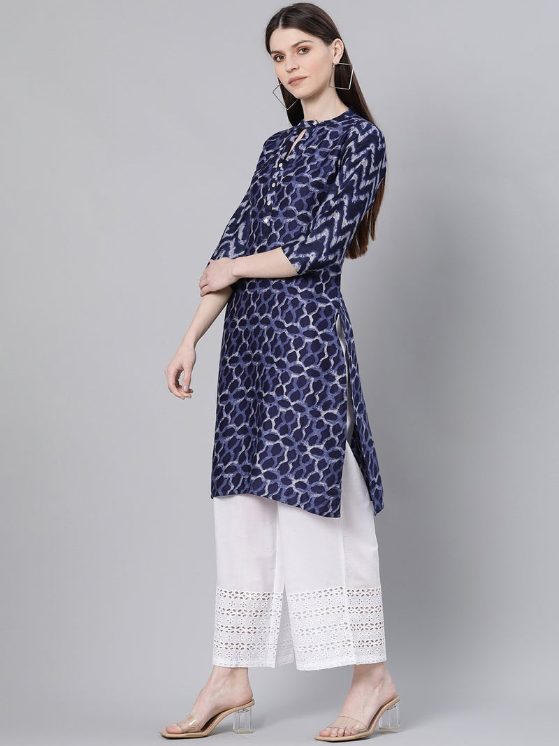 Blue Cotton Printed Straight Kurta