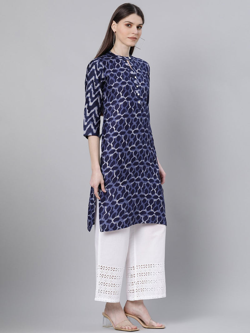 Blue Cotton Printed Straight Kurta