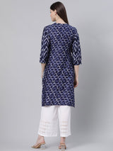 Blue Cotton Printed Straight Kurta