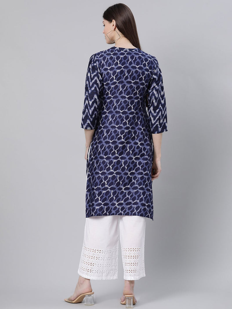 Blue Cotton Printed Straight Kurta