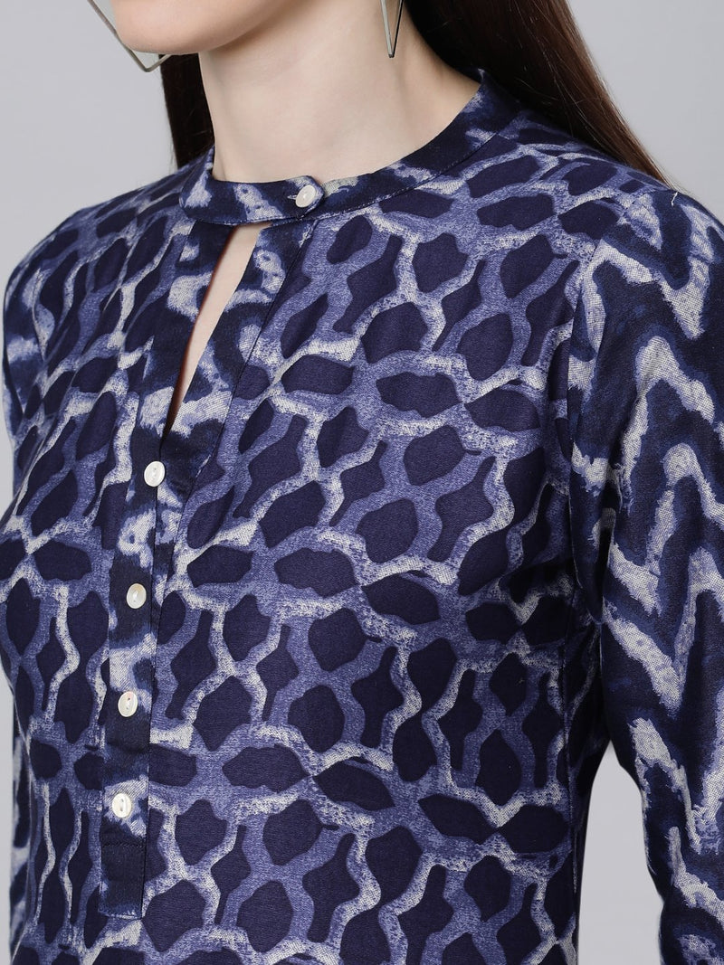 Blue Cotton Printed Straight Kurta
