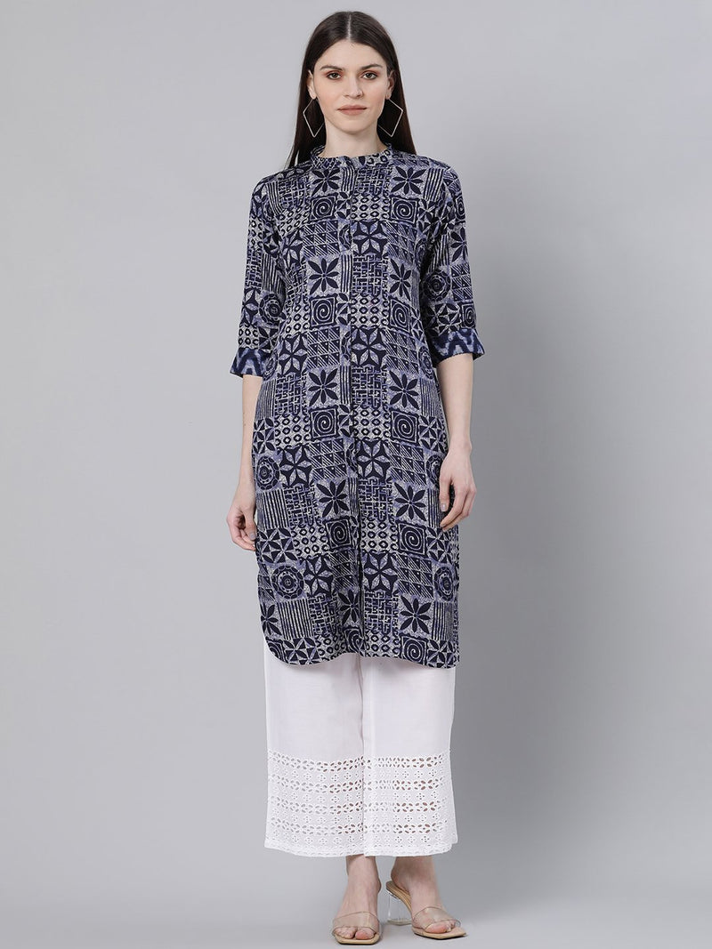 Blue Cotton Printed Pathani Kurta