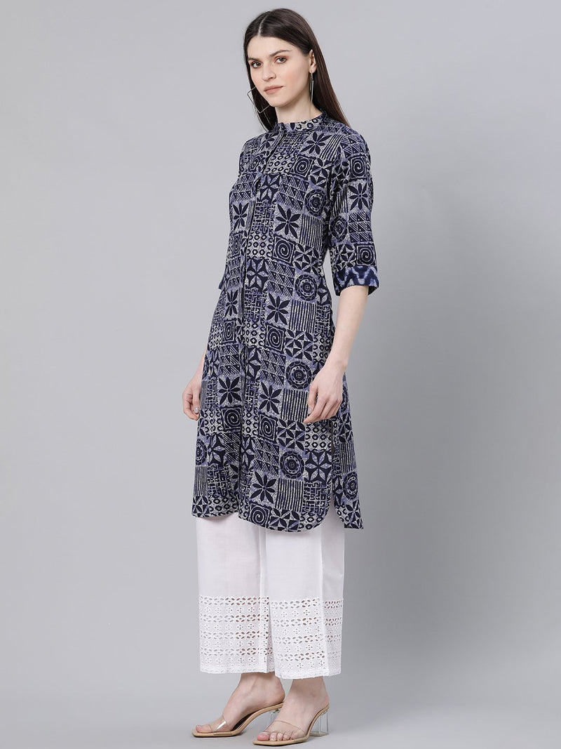 Blue Cotton Printed Pathani Kurta
