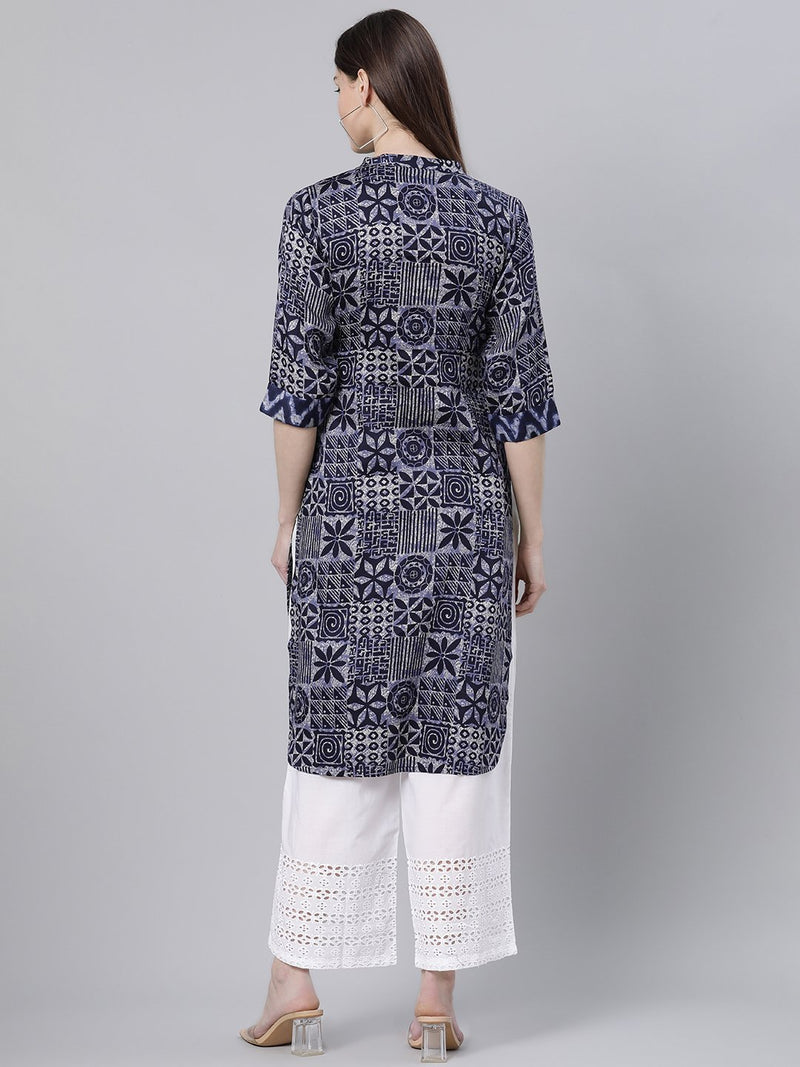 Blue Cotton Printed Pathani Kurta