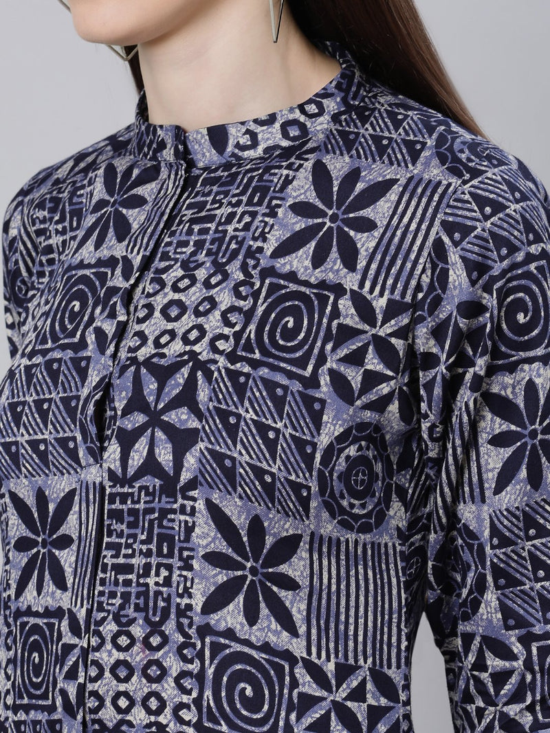 Blue Cotton Printed Pathani Kurta