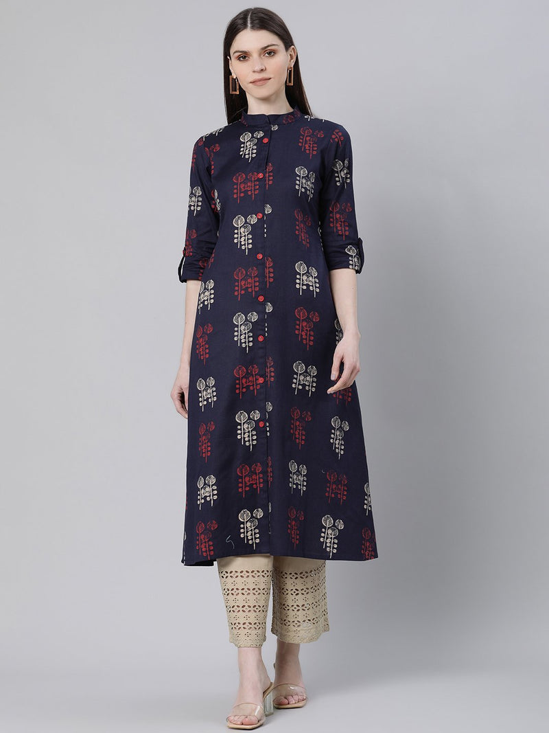 Blue Printed Cotton Kurta