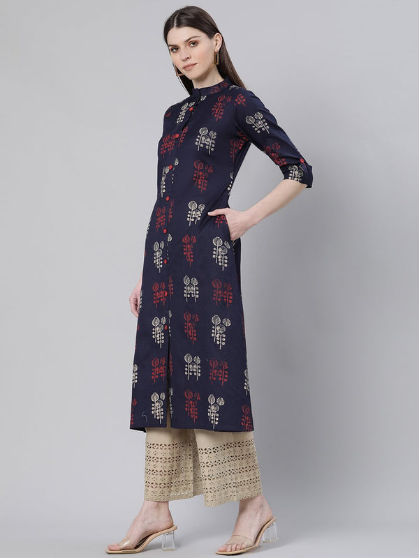 Blue Printed Cotton Kurta
