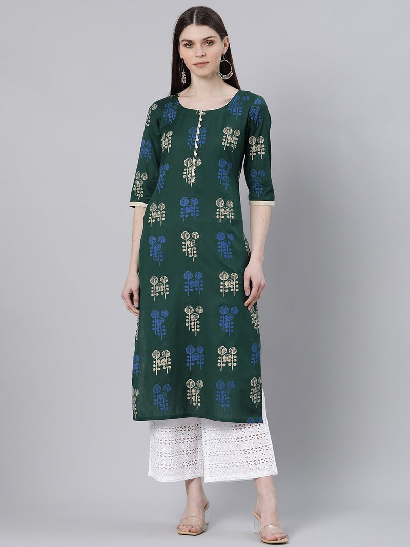 Green Printed Cotton Kurta
