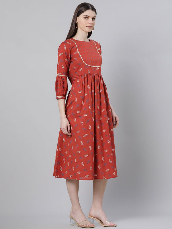Rust Cotton Printed Flared Midi Dress