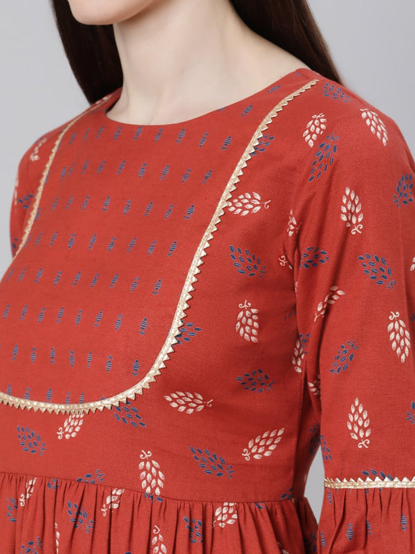 Rust Cotton Printed Flared Midi Dress