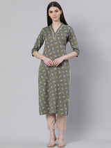 Green Cotton Printed Straight Kurta