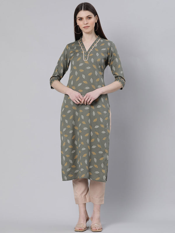 Green Cotton Printed Straight Kurta