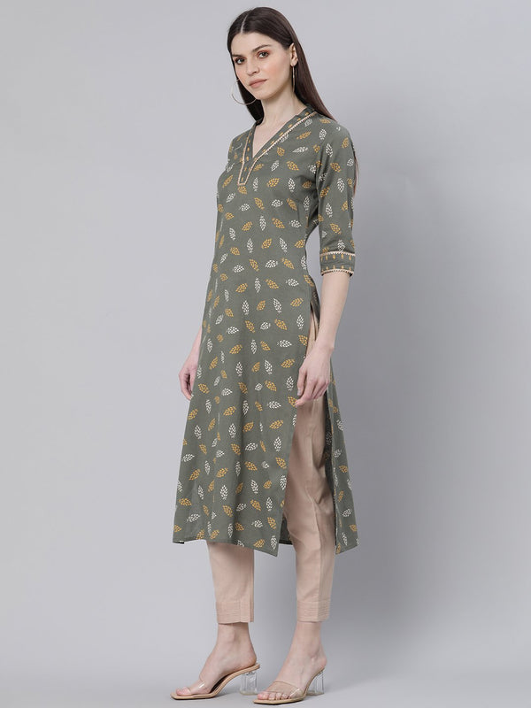 Green Cotton Printed Straight Kurta