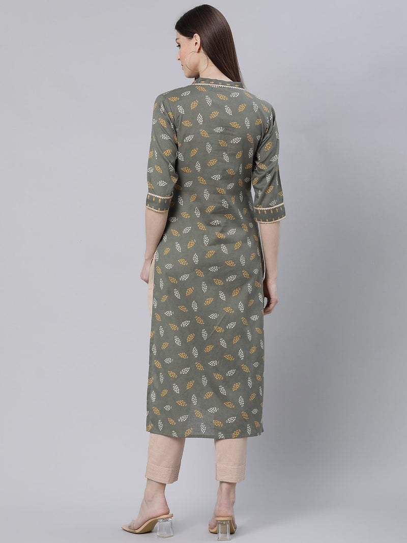 Green Cotton Printed Straight Kurta
