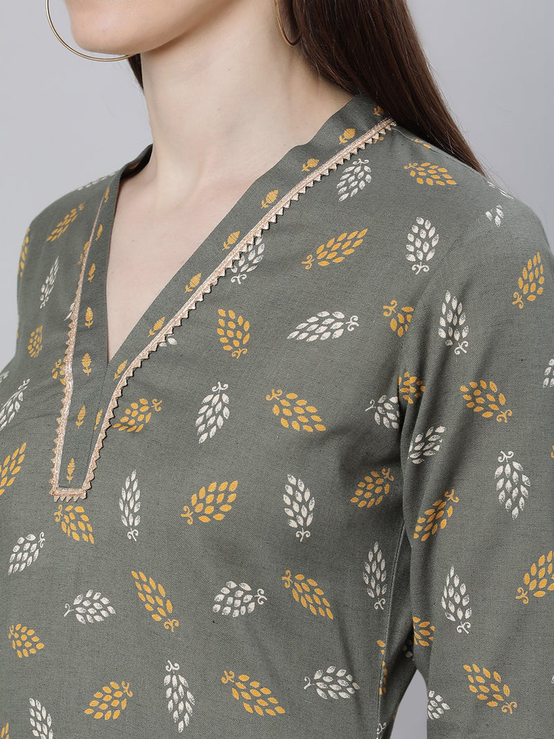 Green Cotton Printed Straight Kurta