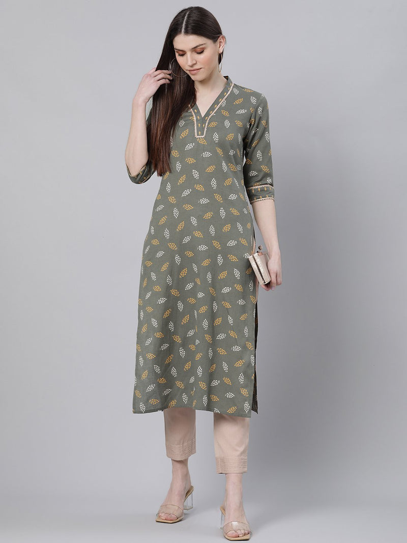 Green Cotton Printed Straight Kurta