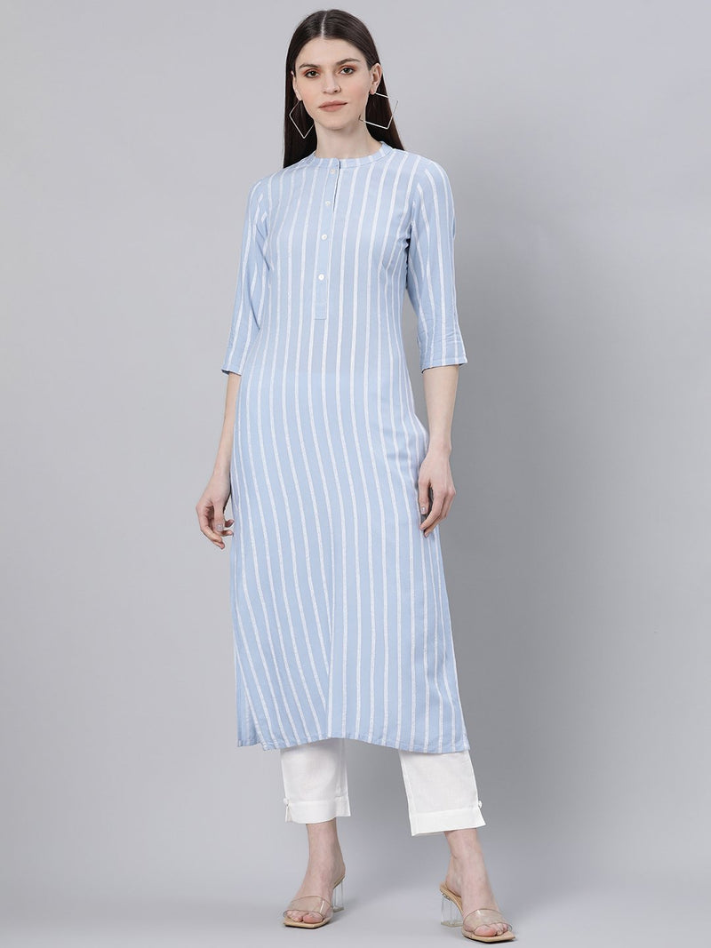 Blue Rayon Stripe Straight Kurta