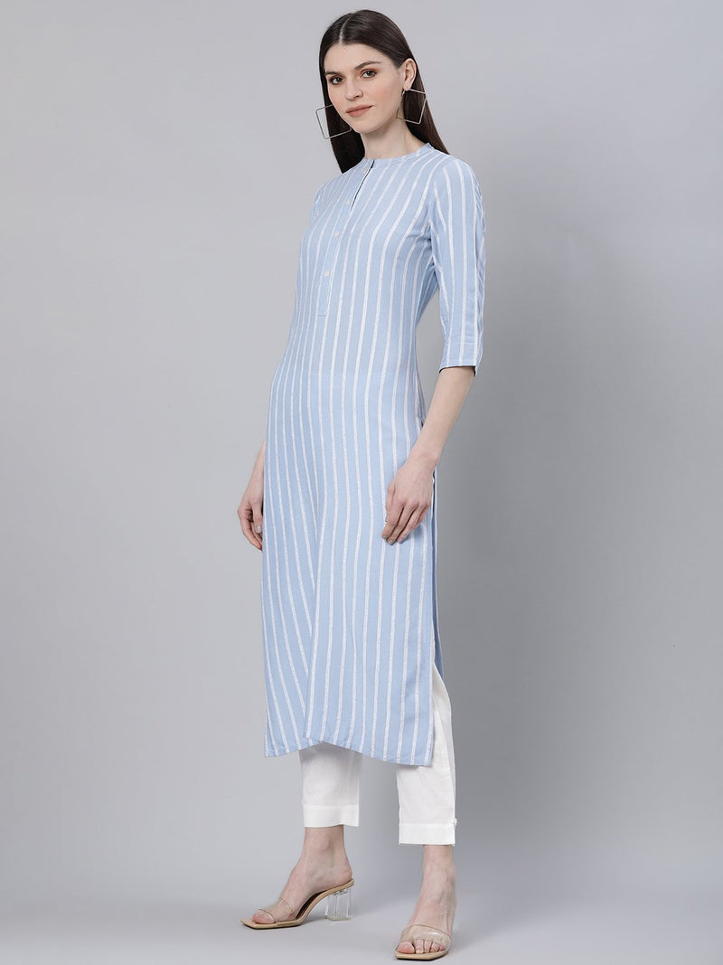 Blue Rayon Stripe Straight Kurta