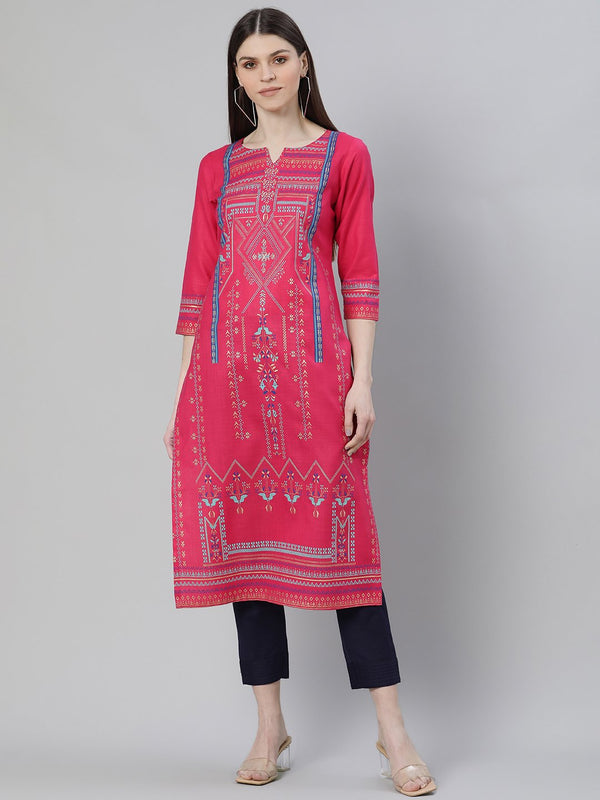 Pink Cotton Printed Straight Kurta