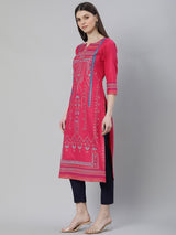 Pink Cotton Printed Straight Kurta