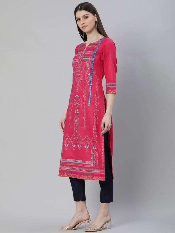 Pink Cotton Printed Straight Kurta