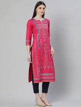 Pink Cotton Printed Straight Kurta