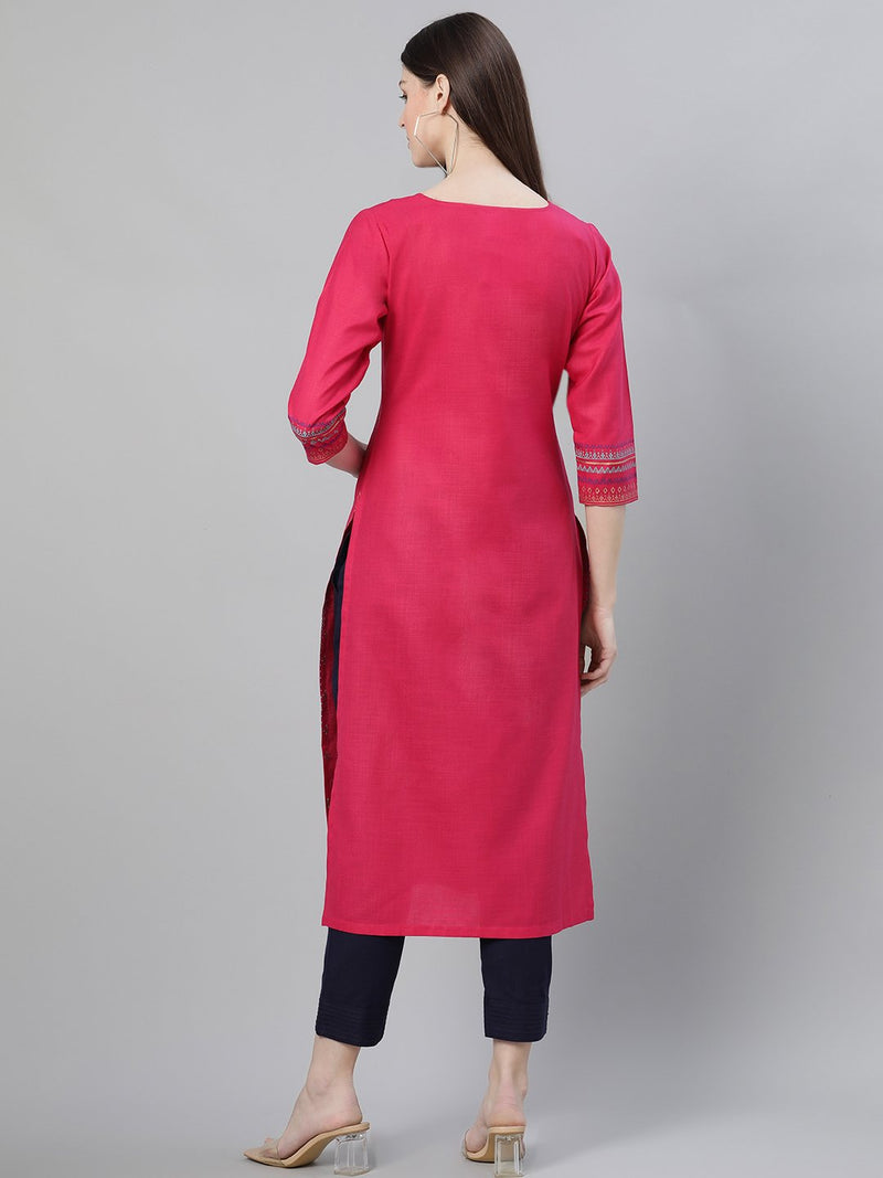 Pink Cotton Printed Straight Kurta