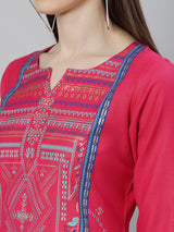 Pink Cotton Printed Straight Kurta