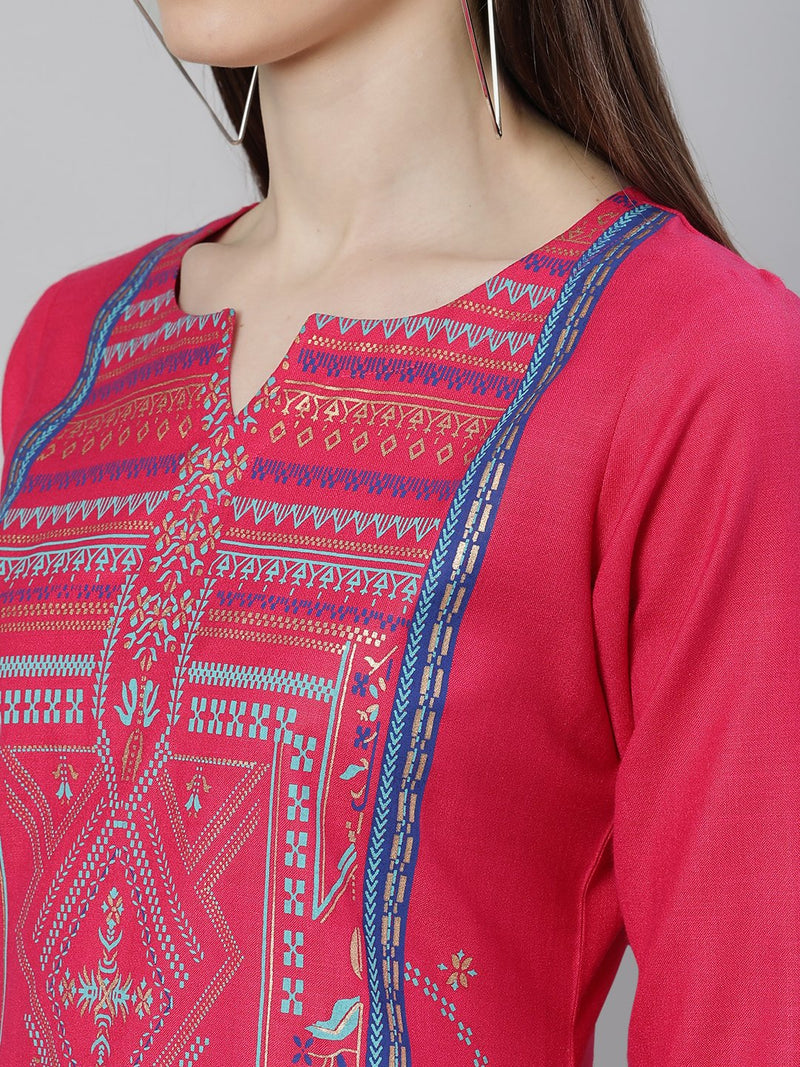 Pink Cotton Printed Straight Kurta