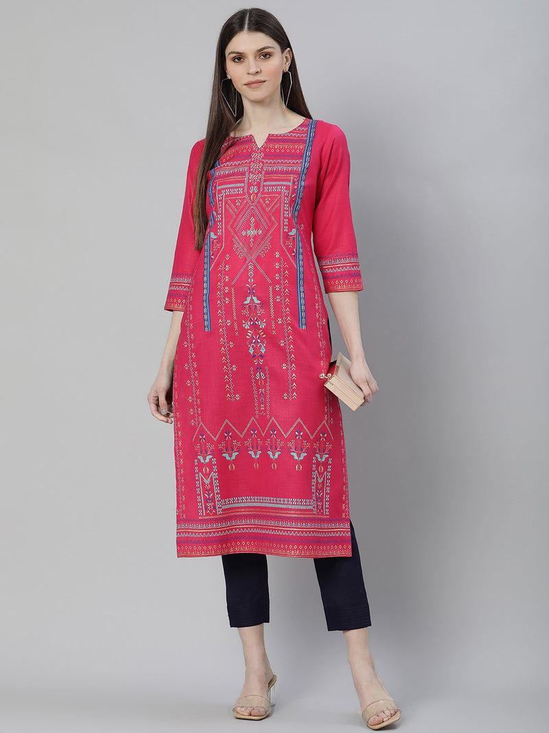 Pink Cotton Printed Straight Kurta