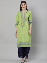 Green Cotton Printed Straight Kurta