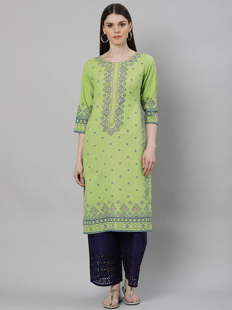 Green Cotton Printed Straight Kurta