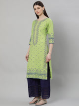 Green Cotton Printed Straight Kurta