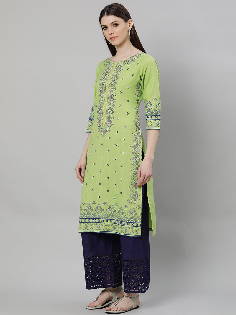Green Cotton Printed Straight Kurta