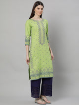 Green Cotton Printed Straight Kurta