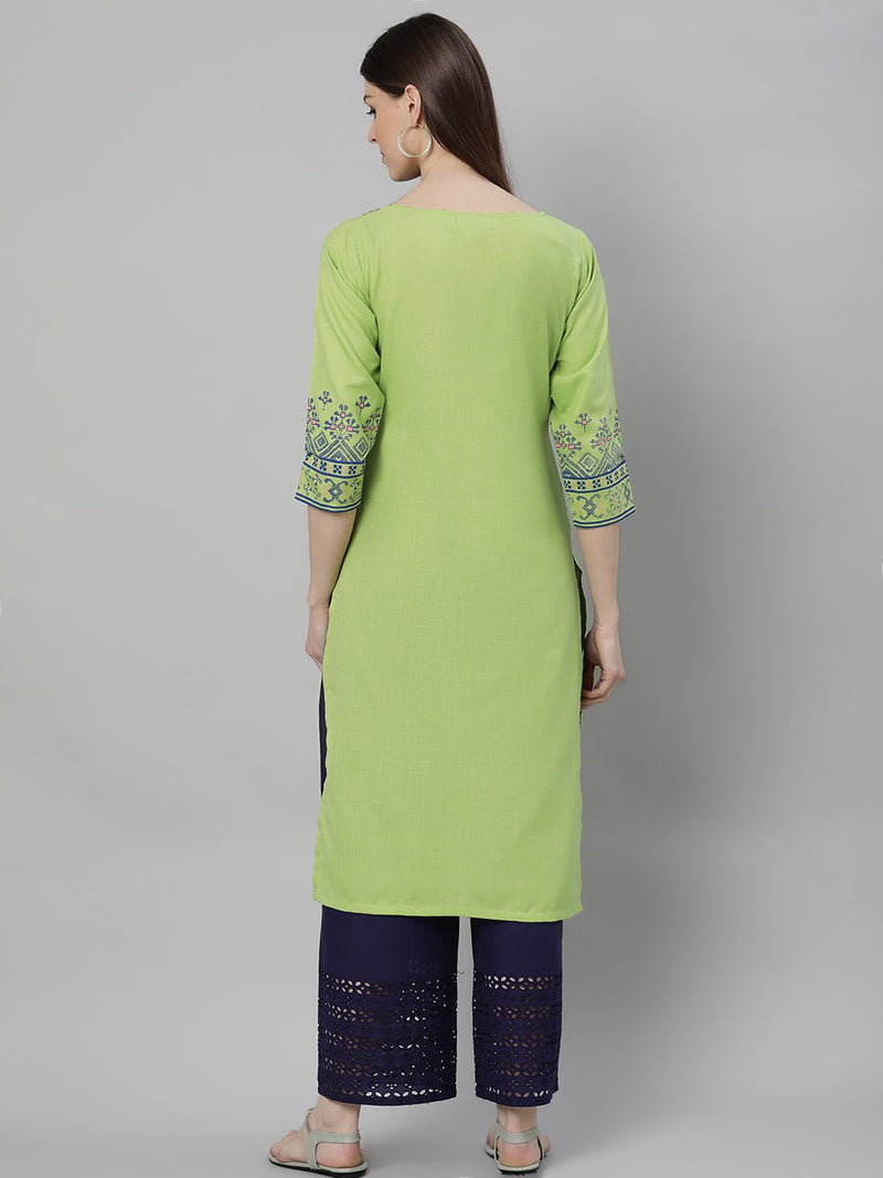 Green Cotton Printed Straight Kurta