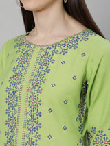 Green Cotton Printed Straight Kurta