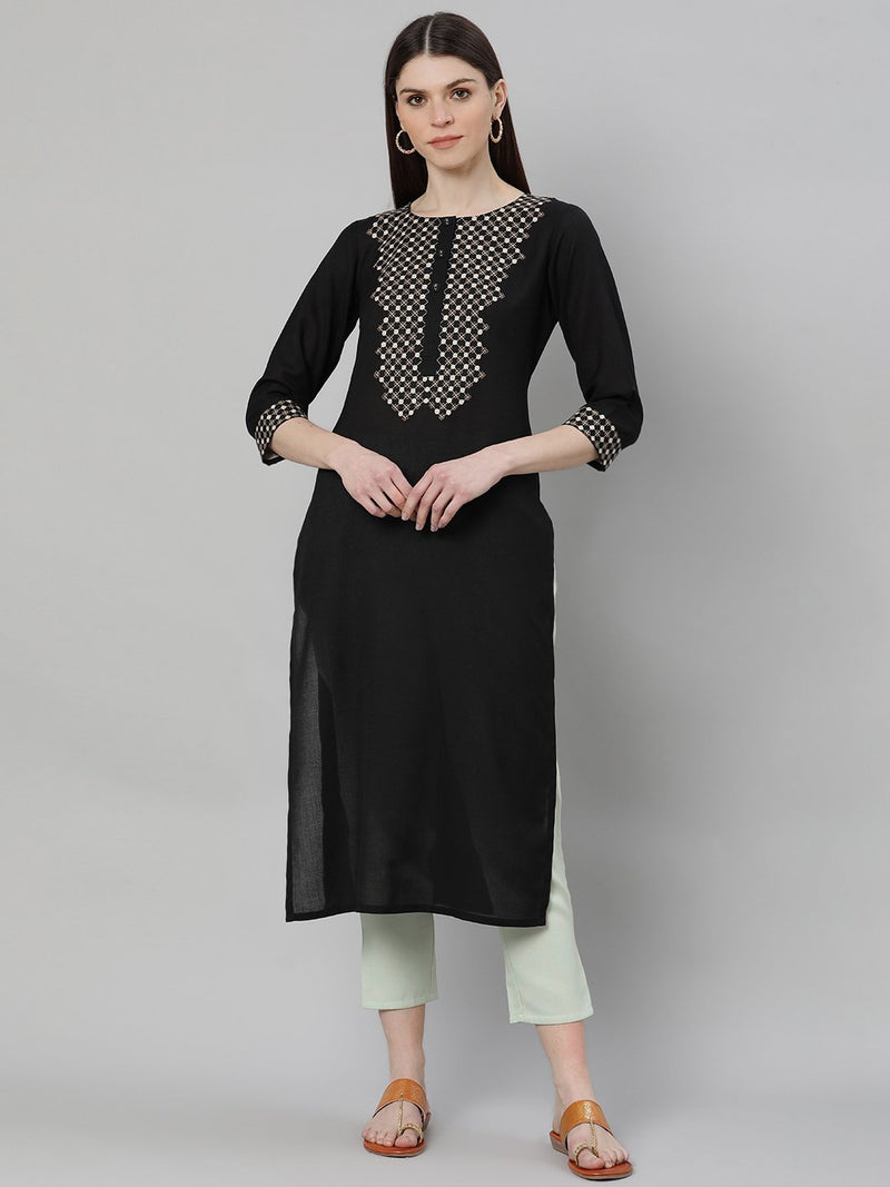 Black Rayon Embroidered Straight Kurta