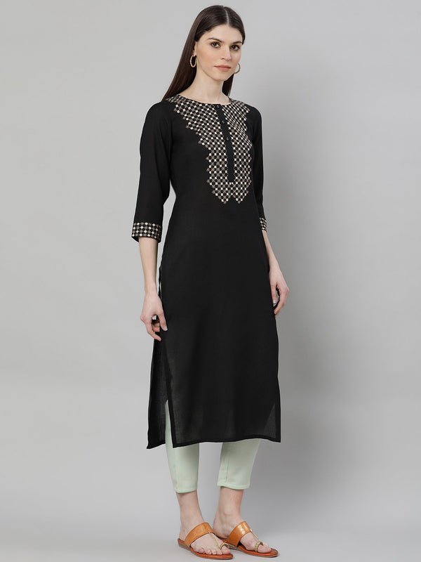 Black Rayon Embroidered Straight Kurta