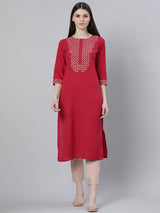 Maroon Rayon Embroidered Straight Kurta