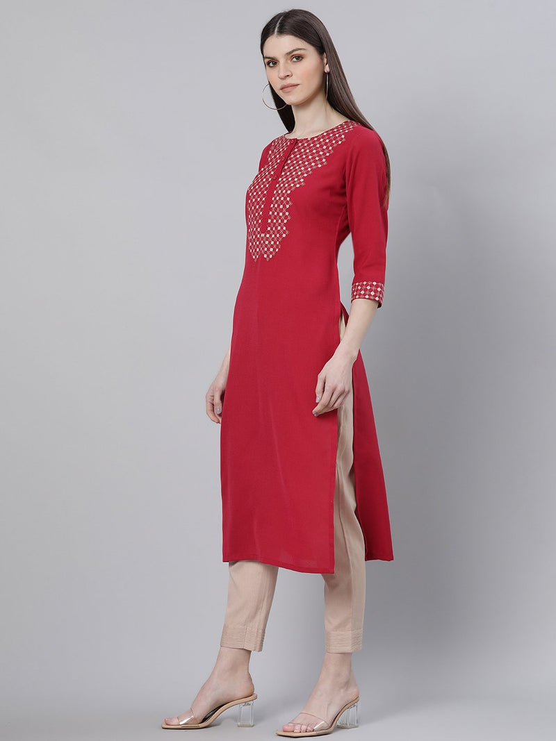 Maroon Rayon Embroidered Straight Kurta