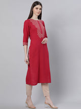 Maroon Rayon Embroidered Straight Kurta