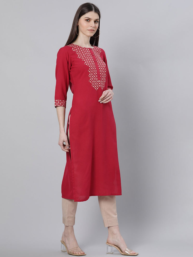 Maroon Rayon Embroidered Straight Kurta