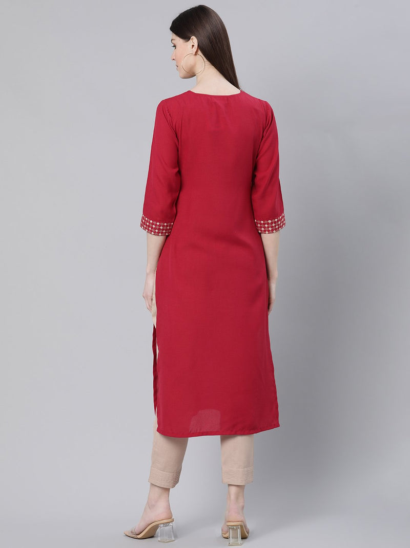 Maroon Rayon Embroidered Straight Kurta