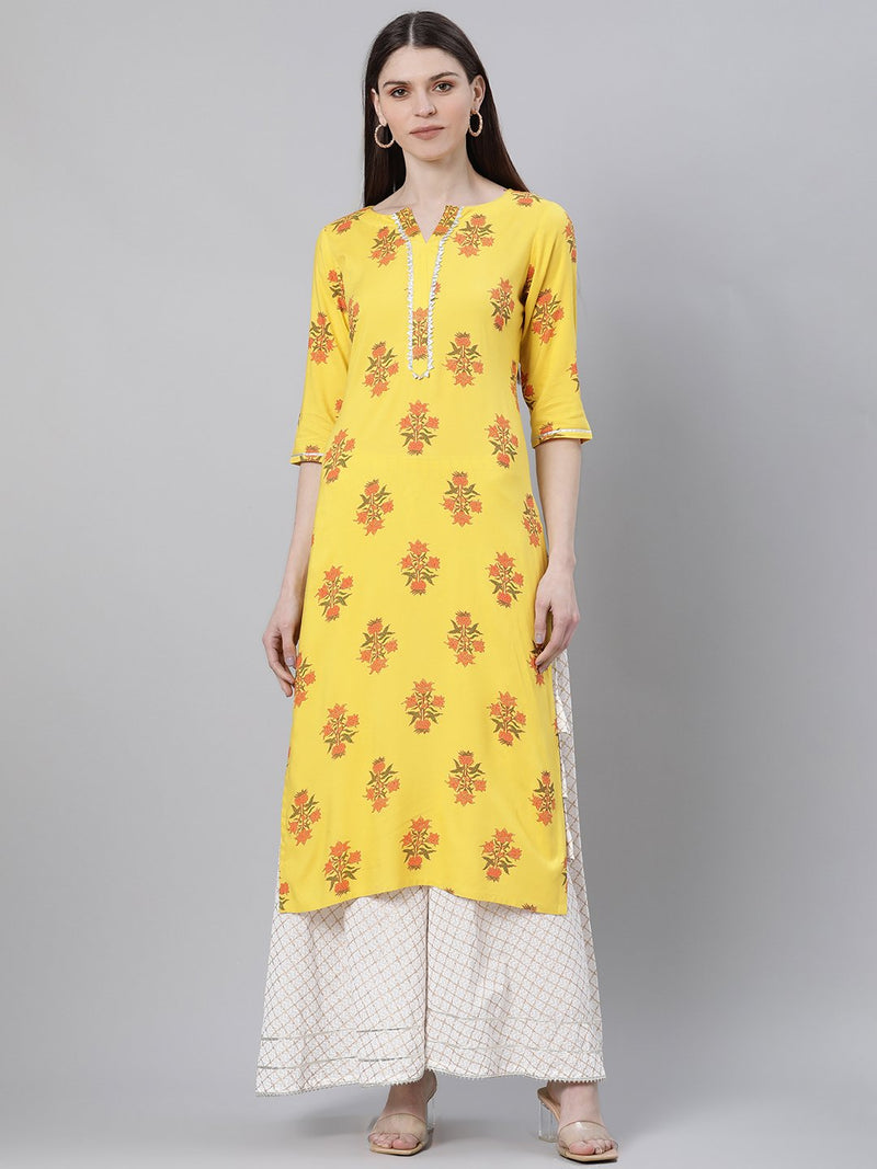 Yellow Rayon Printed Straight Kurta