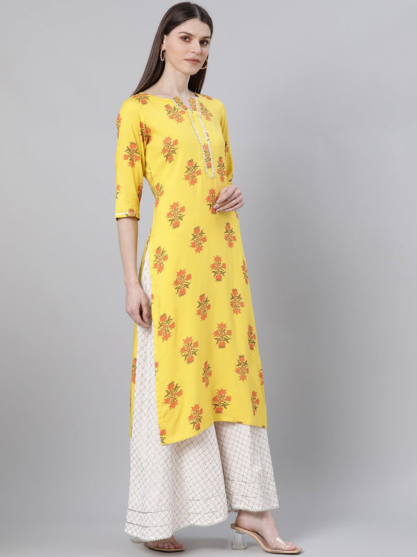 Yellow Rayon Printed Straight Kurta