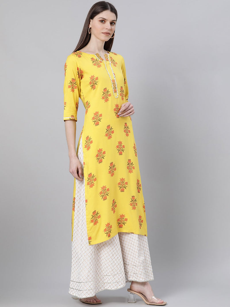 Yellow Rayon Printed Straight Kurta